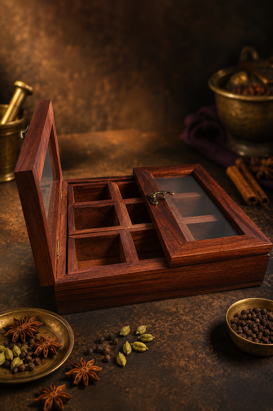 SAAG Spice Box — teak spice box with glass top