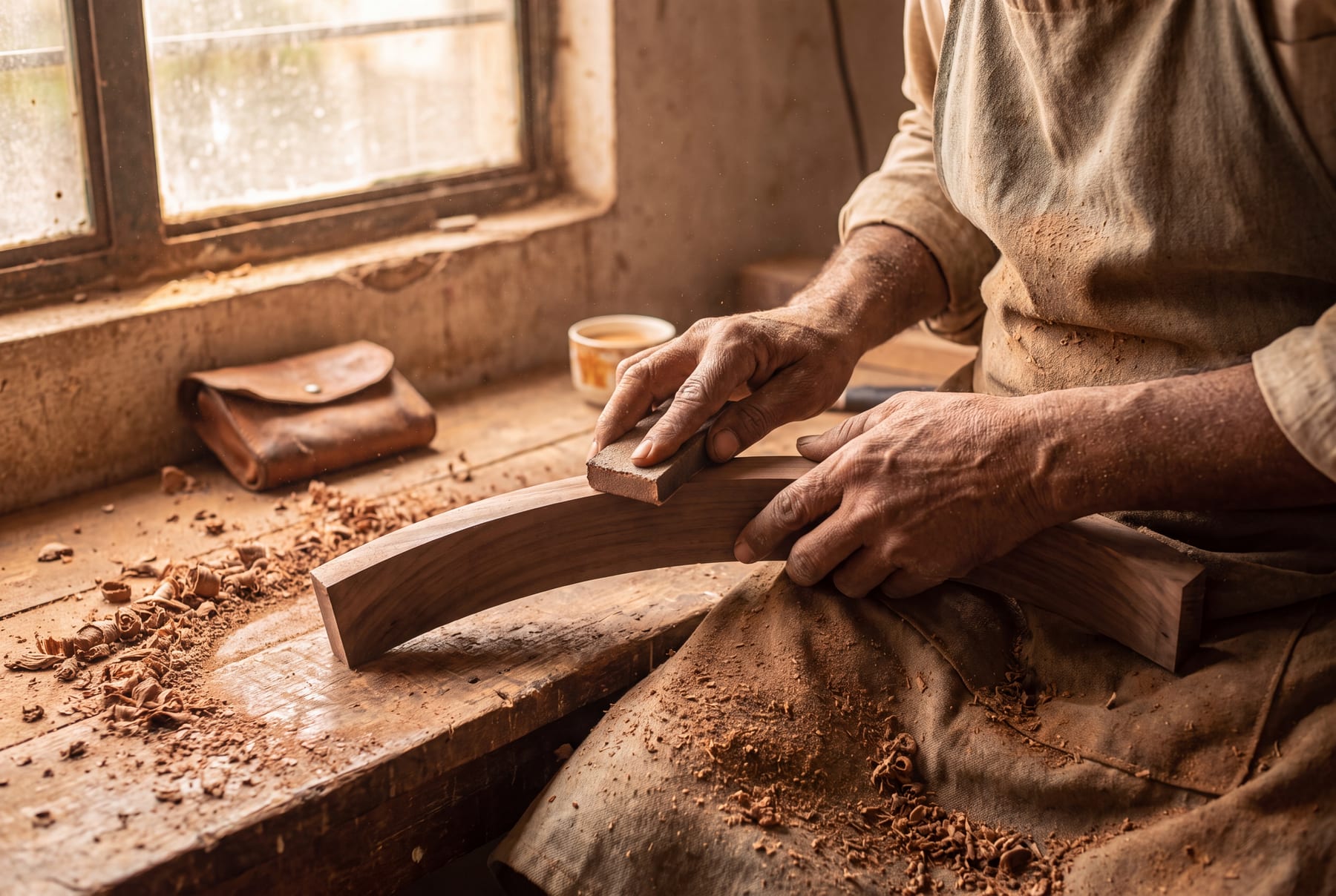 Artisan hand-sanding a piece of solid walnut
