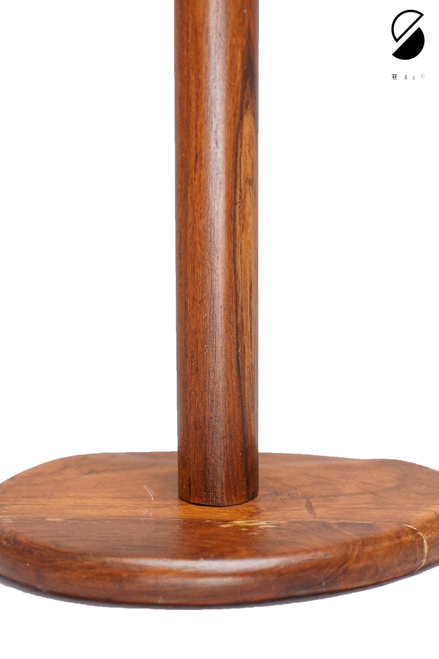 Wooden stand with a round base and cylindrical column on a white background