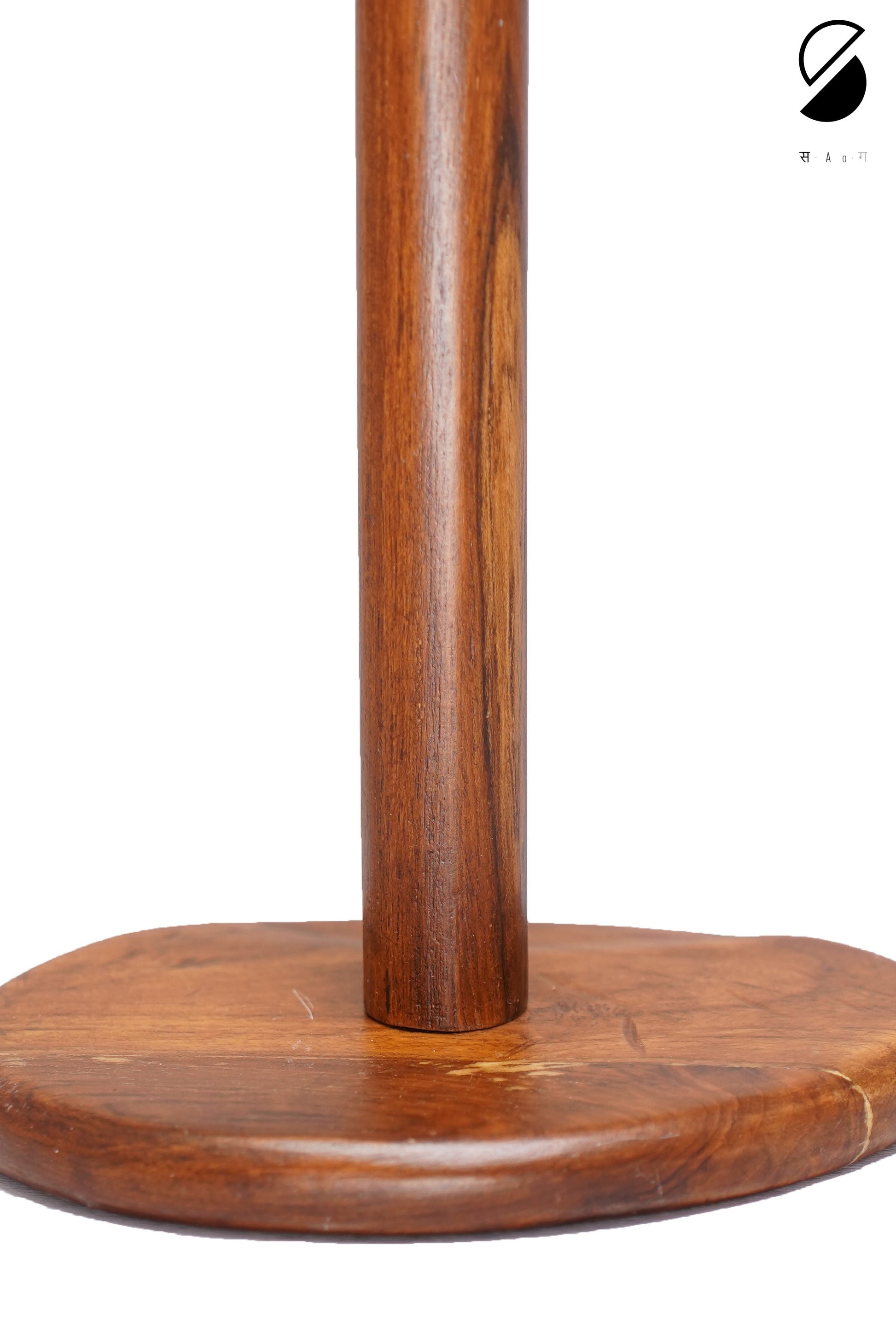 Wooden stand with a round base and cylindrical column on a white background