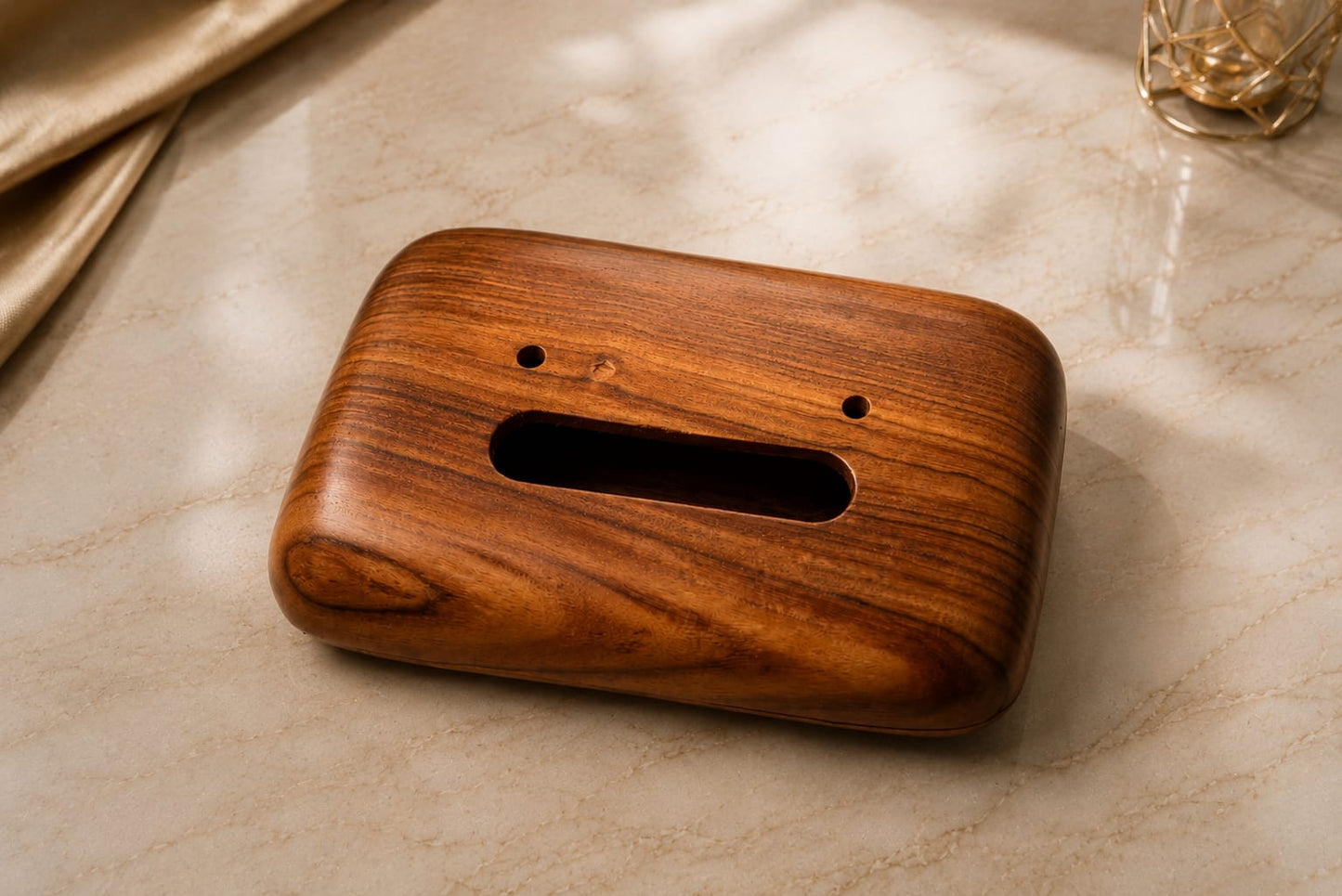 Wooden tissue box cover on a marble surface