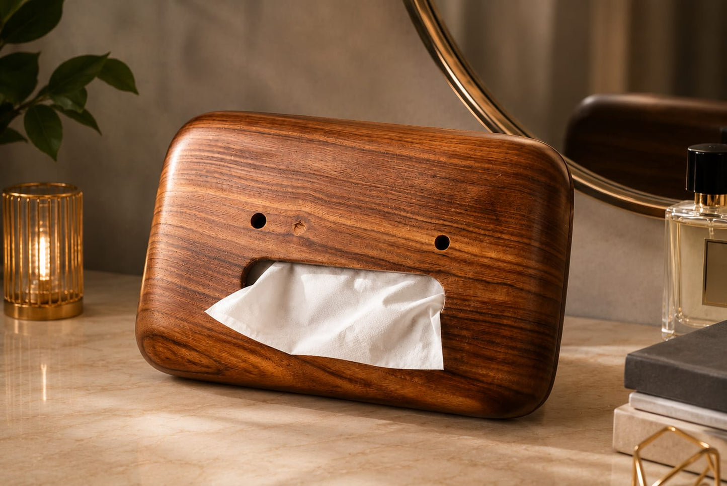 Wooden tissue holder with tissues on a table next to a mirror and lamp.