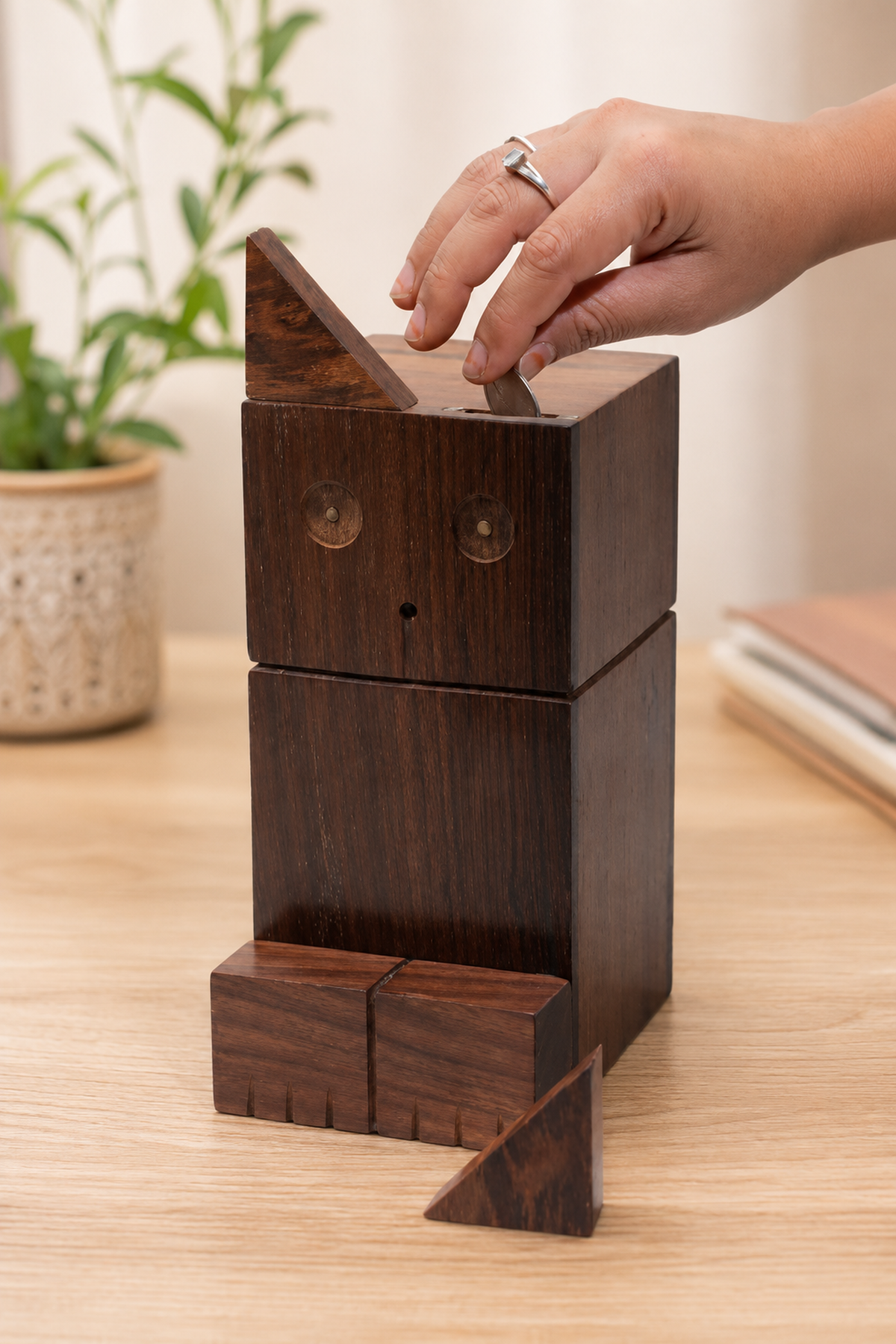 SAAG Cat Piggy Bank — teak detail