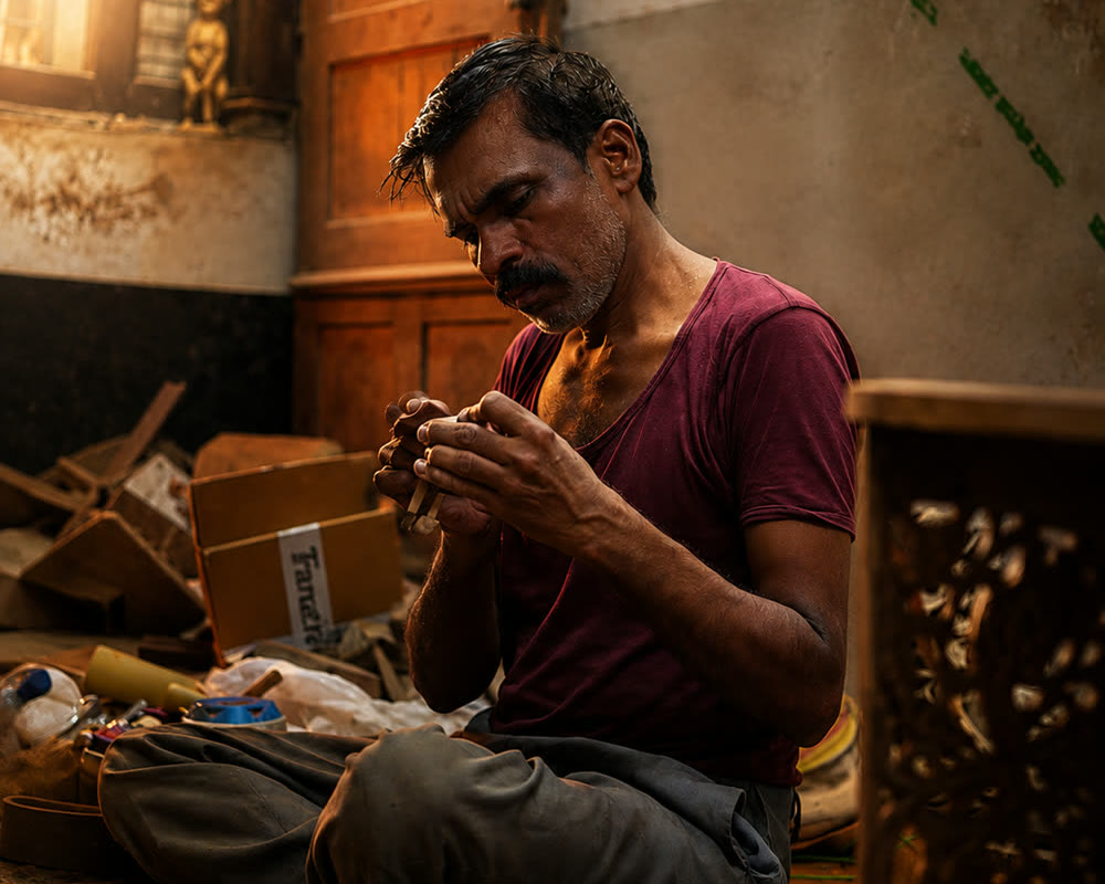 A SAAG artisan hand-finishing a wooden piece in the workshop