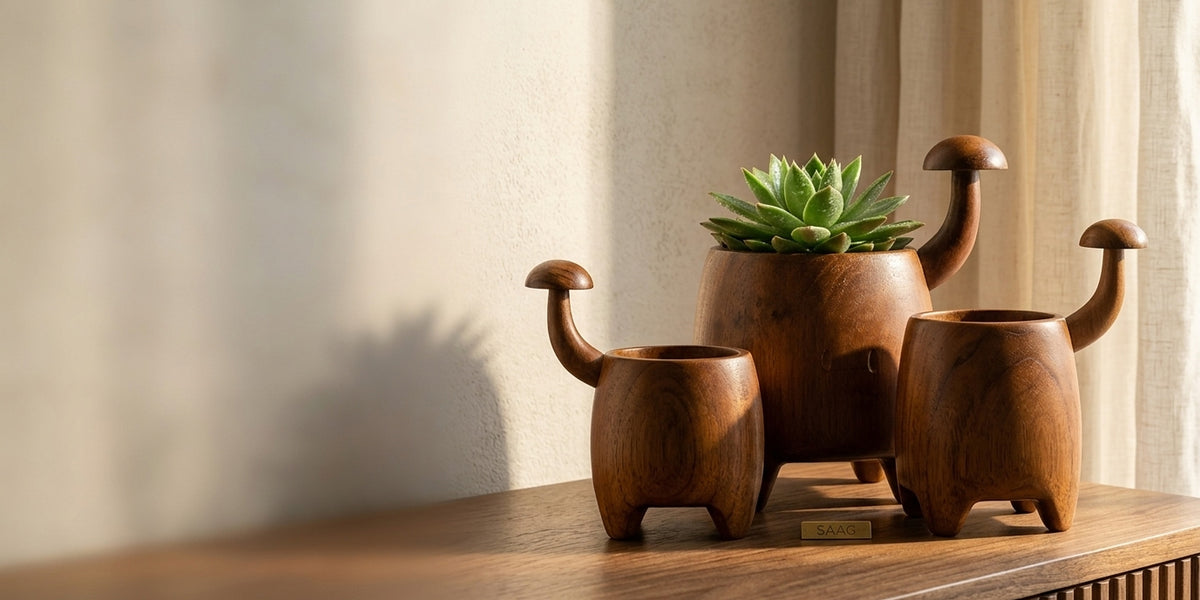 SAAG Handcrafted Teak Mushroom Tail Family