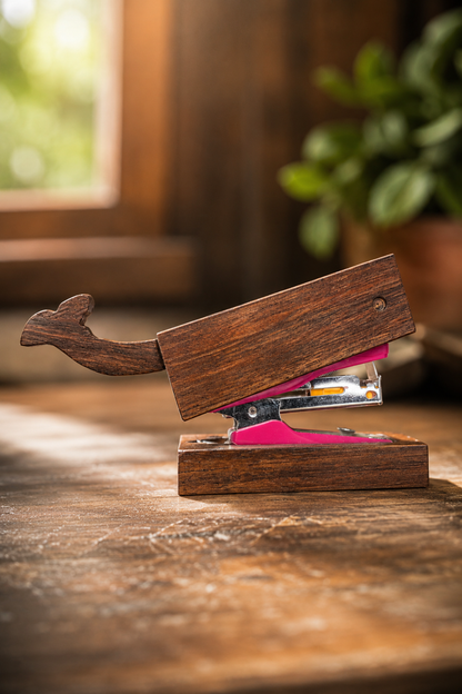 SAAG Whale Stapler — hand-carved Sagwan teak stapler