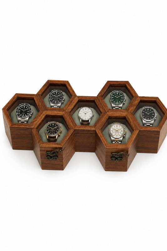 SAAG Watch Box (7) — solid wood honeycomb watch organiser with seven watches